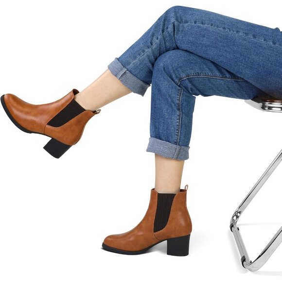 Women's Brown Chelsea Boots Chunky Block Heel Slip On Ankle Boots with Elastic - Picture 5 of 8